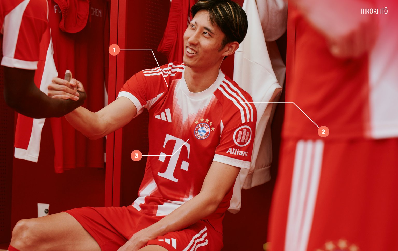 A young man wearing a red and white soccer jersey with the number 7 on it, sitting in what appears to be a locker room or changing area surrounded by red lockers.